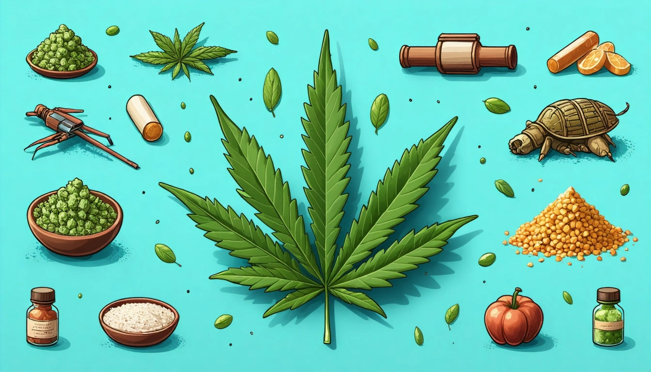 Large green leaf centered on blue background, surrounded by small leaves, pipe, turtle, oranges, bowls, and a bottle