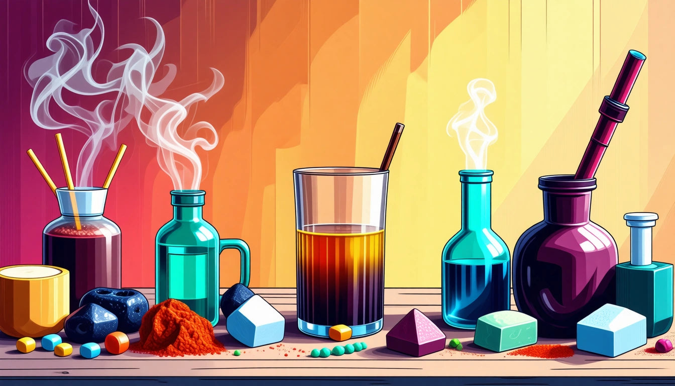 Colorful glass bottles with smoke, a glass of dark liquid, geometric shapes, and spices on a wooden surface with gradient background