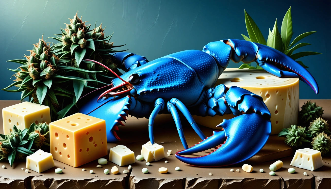 Blue lobster surrounded by cheese cubes and spiky green plants on a textured surface, set against a dark background