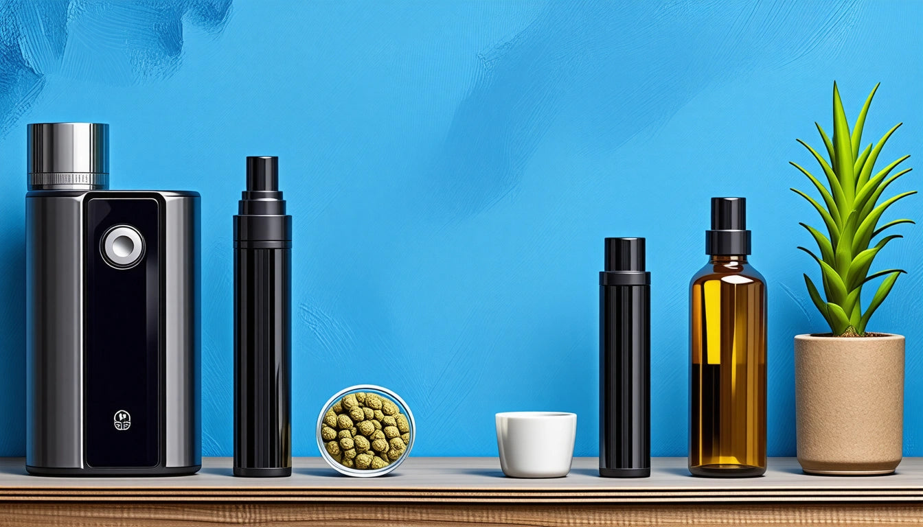 Black and brown bottles, small white bowl with green spheres, white cup, and potted plant on wooden surface against blue wall