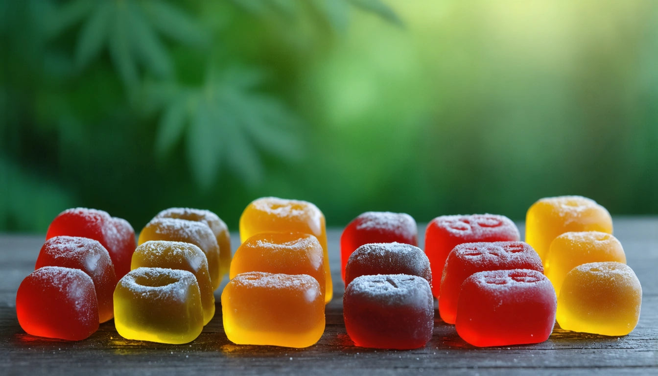 Rows of red and yellow gummy candies with sugar coating on a wooden surface, blurred green foliage in the background