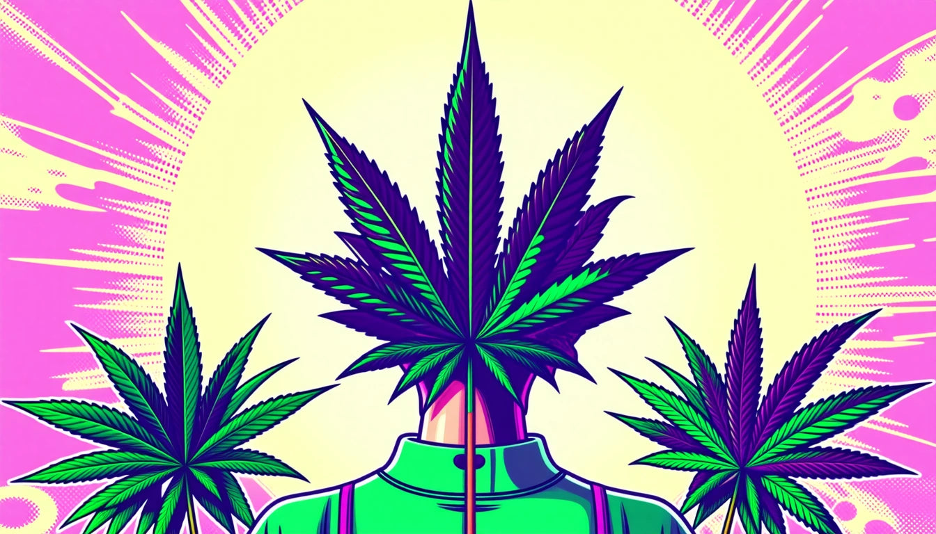 Person with a large green and purple leaf as a head, wearing a green jacket, with two smaller leaves in the foreground