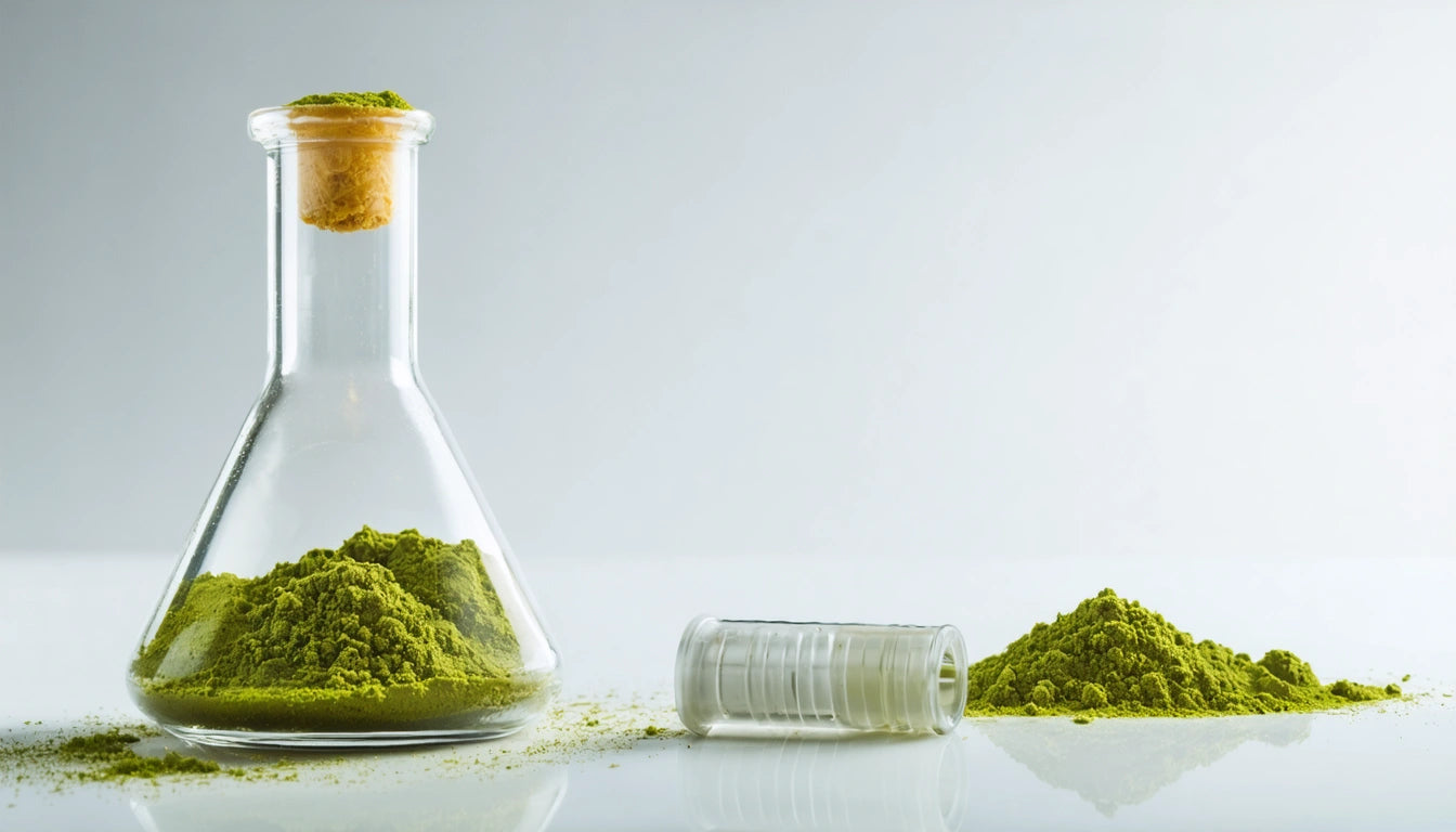 Glass flask filled with green powder, cork on top, next to a small pile of powder and an open glass vial on a white surface