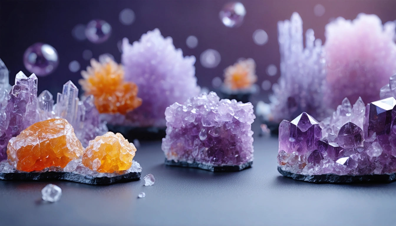 Purple and orange crystal clusters on a dark surface, with a blurred background and floating bubbles
