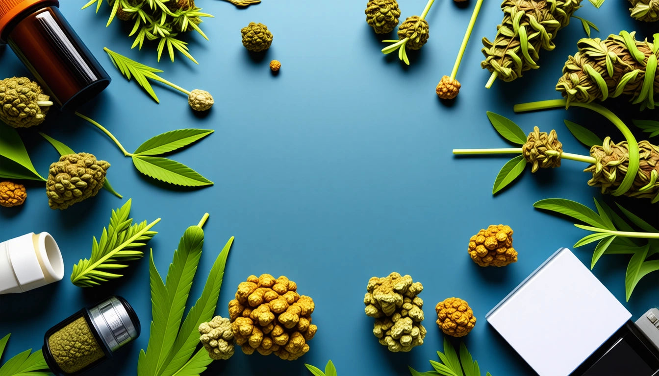 Green leaves and clusters of yellowish-green buds arranged in a circle on a blue background, with small containers at the edges