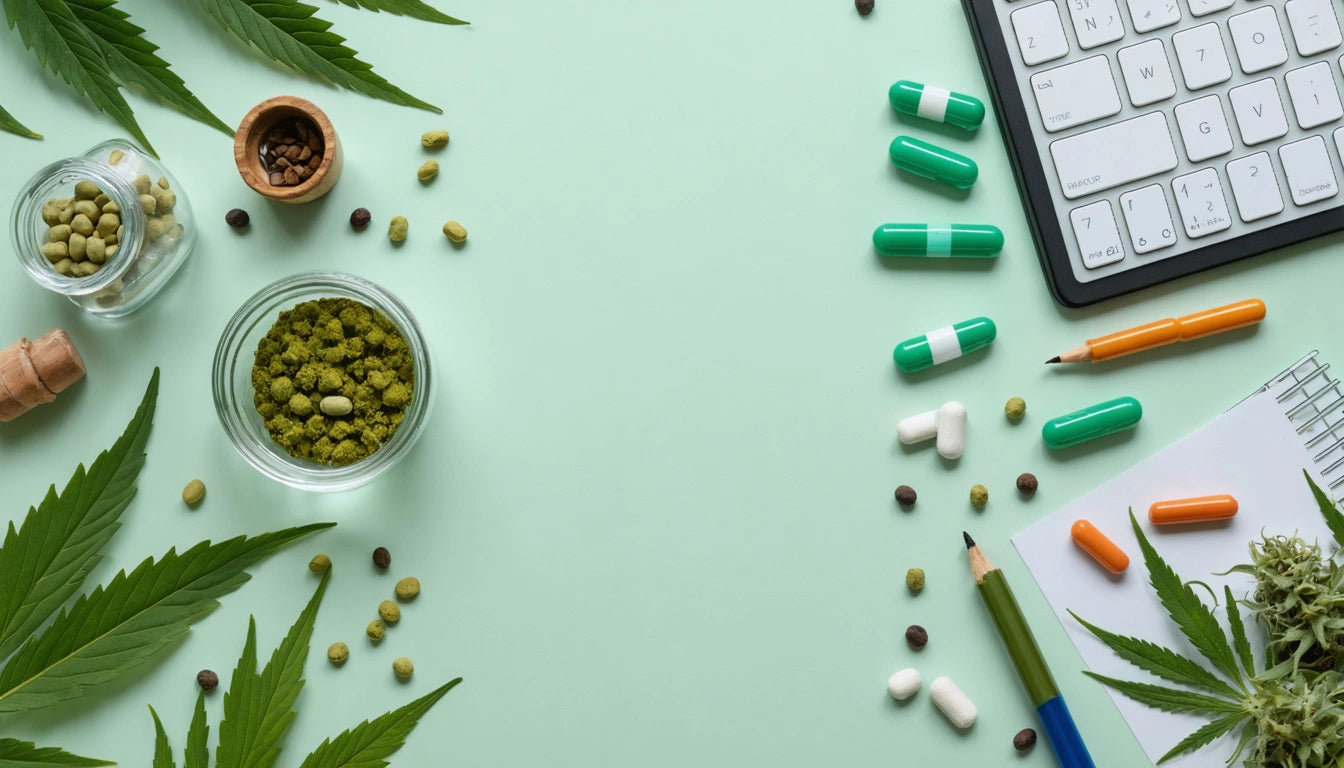 Keyboard, capsules, and pencils on right; cannabis leaves, seeds, and jars on left; light green background