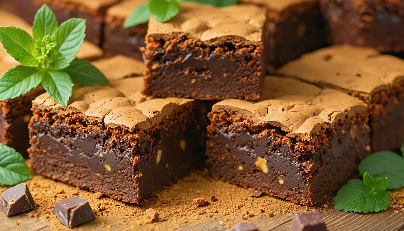 Brownies with cracked tops stacked on a wooden surface, garnished with fresh mint leaves and chocolate chunks