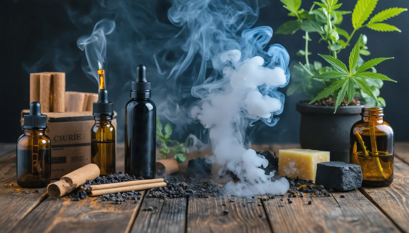 Brown and black bottles, cinnamon sticks, and smoke on wooden table; potted plant and soap in background