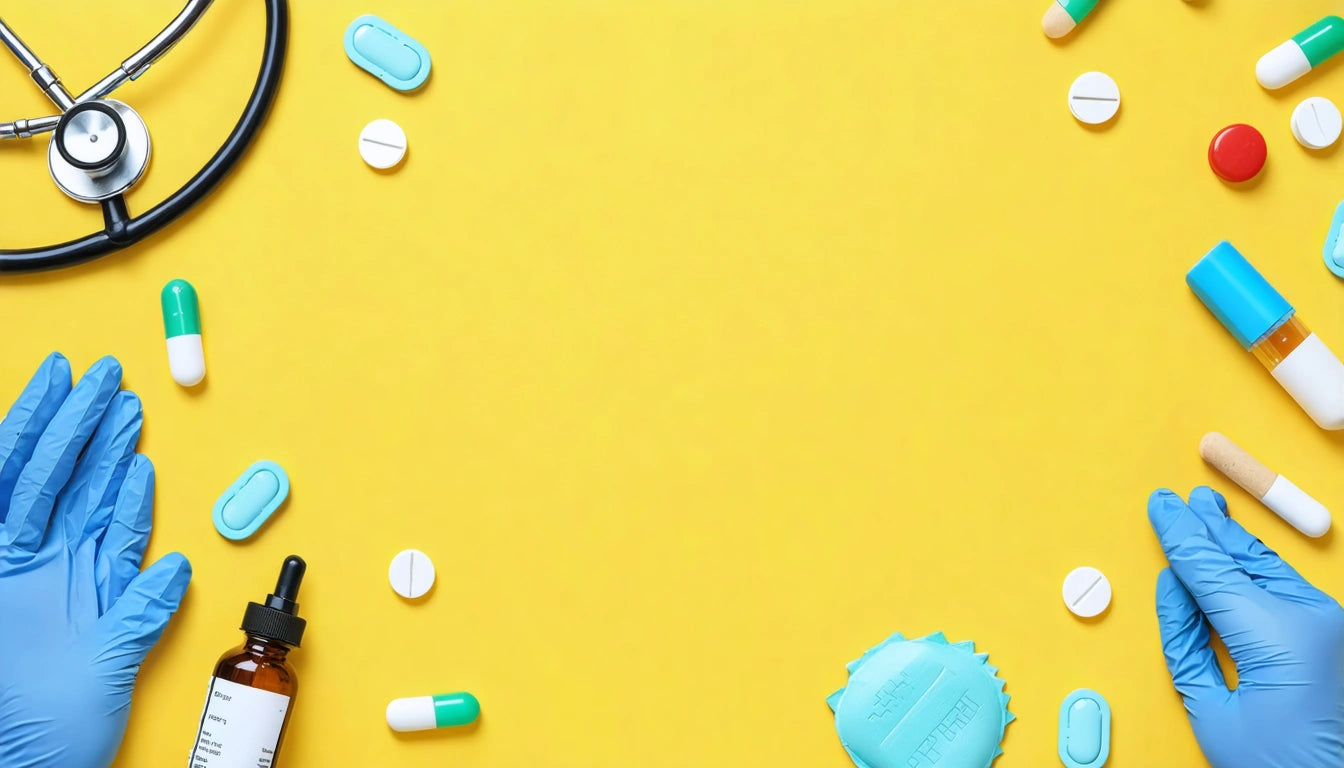 Stethoscope, pills, gloves, and medical items scattered on a yellow background