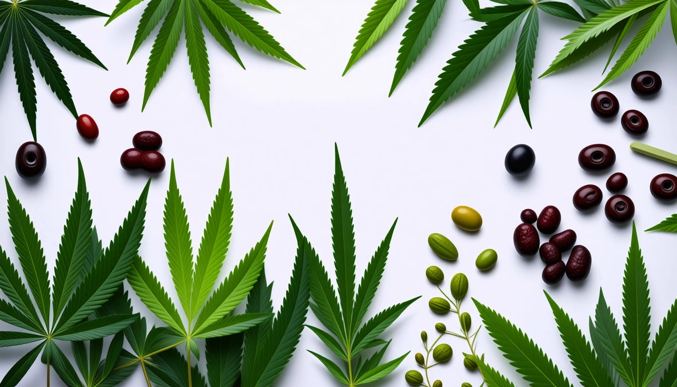 Green leaves and various colored olives scattered on a white background