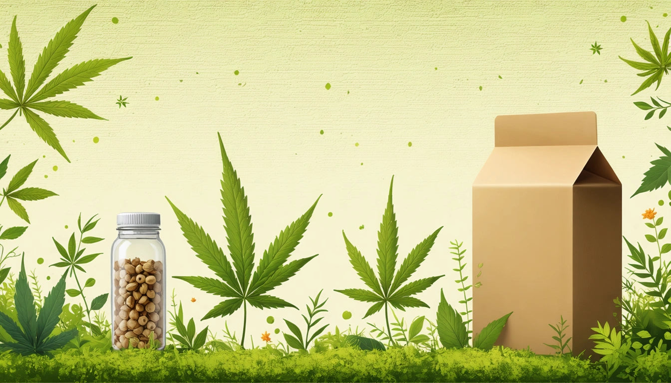 Brown paper carton and clear jar with capsules among green cannabis leaves on light green background
