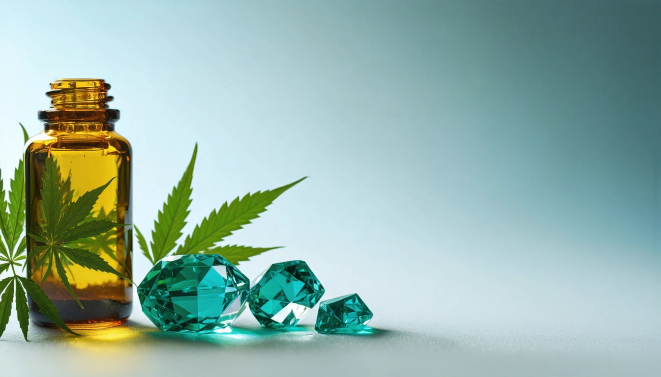 Amber glass bottle with green leaves and three teal gemstones on a light gray surface