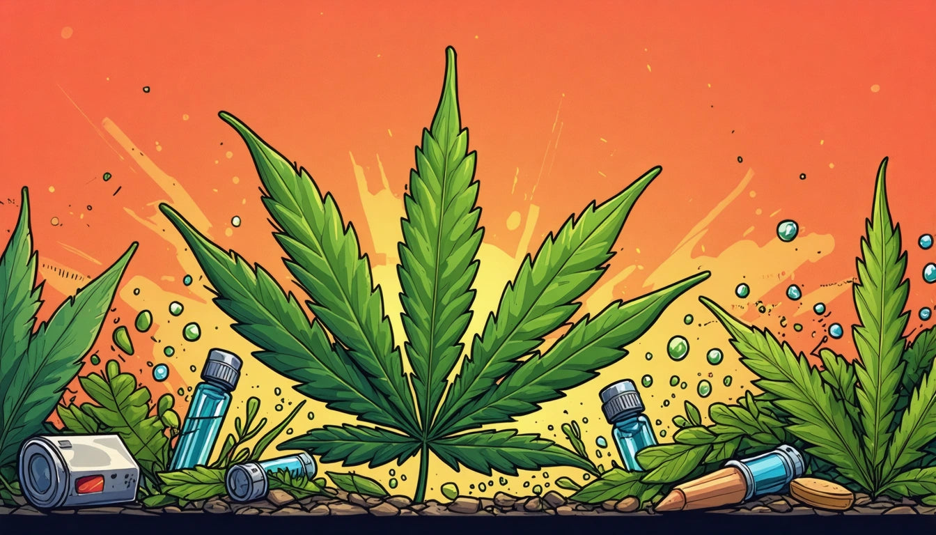 Large green leaf with jagged edges centered, surrounded by small vials, leaves, and bubbles against an orange background