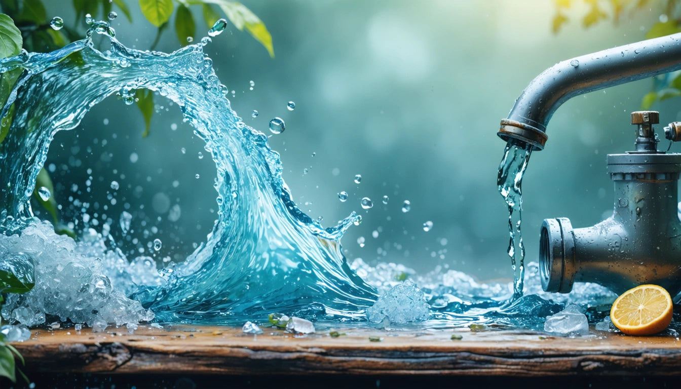 Water splashing from metal faucet, forming wave shape, surrounded by ice cubes and lemon slice on wooden surface