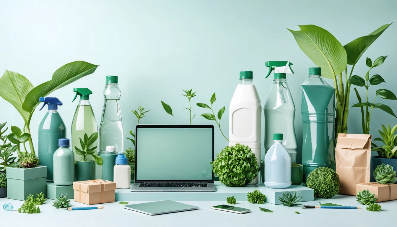 Laptop surrounded by various green and white bottles, plants, small boxes, and a smartphone on a light blue surface