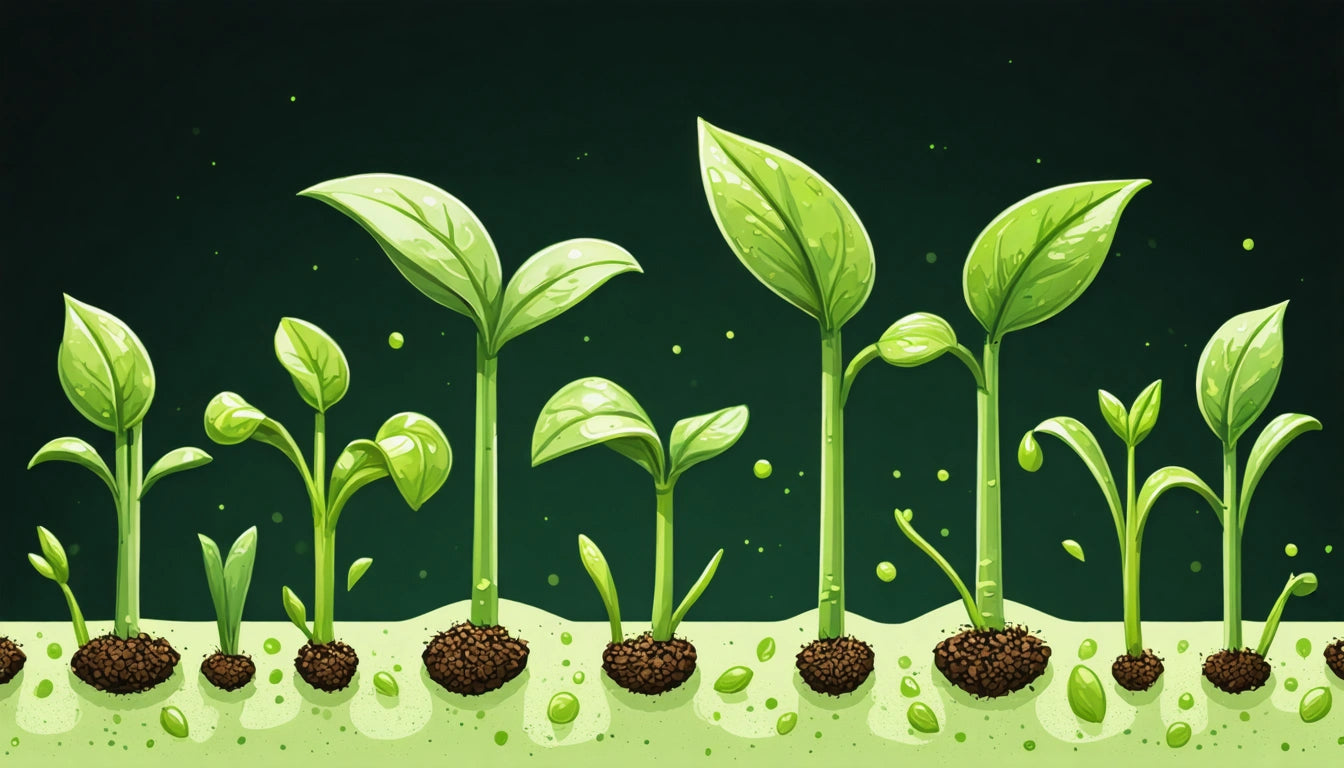 Green plant sprouts at various growth stages in soil, set against a dark green background with scattered light green specks