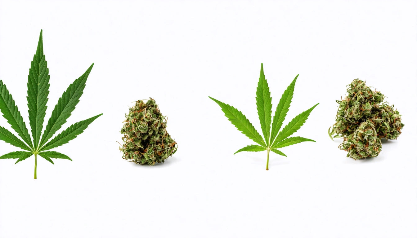 Two green cannabis leaves and two clusters of cannabis buds on a white background