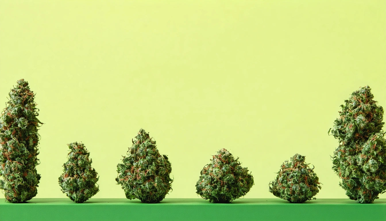 Five green and orange plant buds lined up on a green surface against a light yellow background