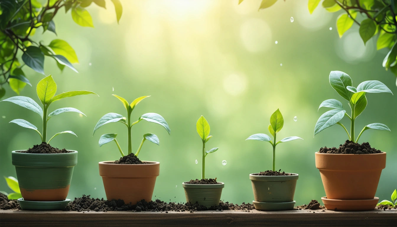Five potted plants in a row on a wooden surface, with sunlight filtering through green leaves in the background