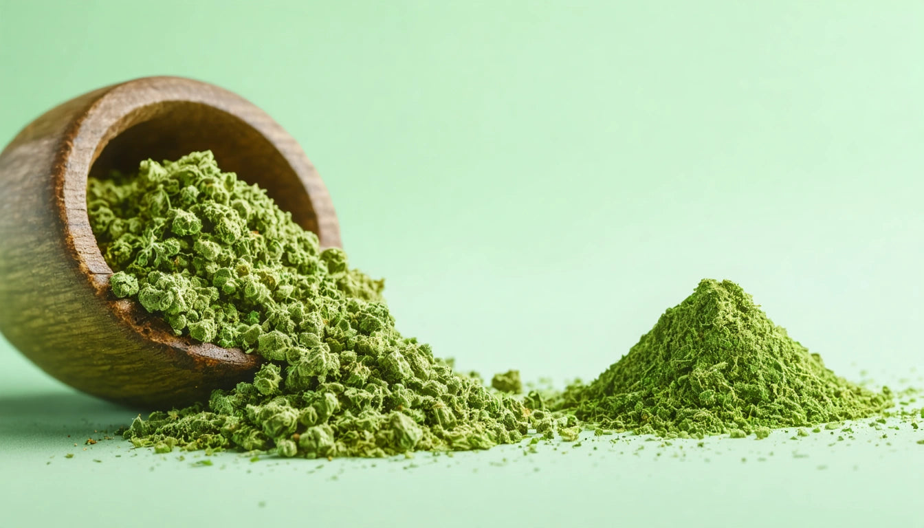 Wooden bowl tipped over, spilling green powder onto a light green surface, with a small mound of powder nearby