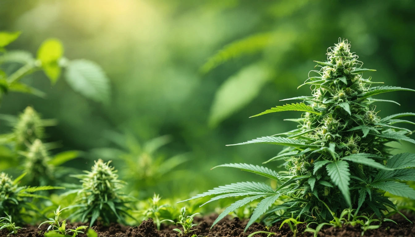 Dense green plant with serrated leaves and small buds, growing in soil with a blurred green background and soft sunlight