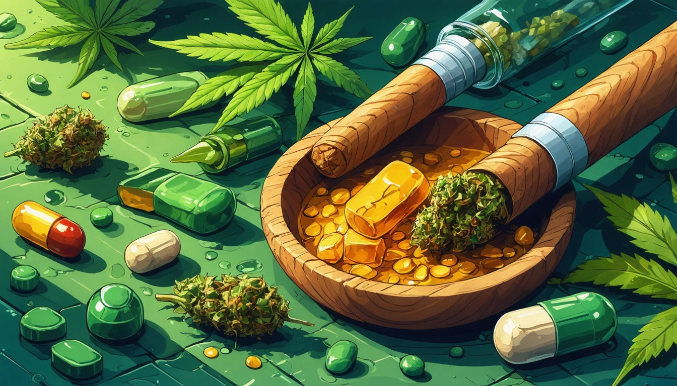 Wooden bowl with two cigars, cannabis buds, and amber capsules, surrounded by green pills and cannabis leaves on a green surface