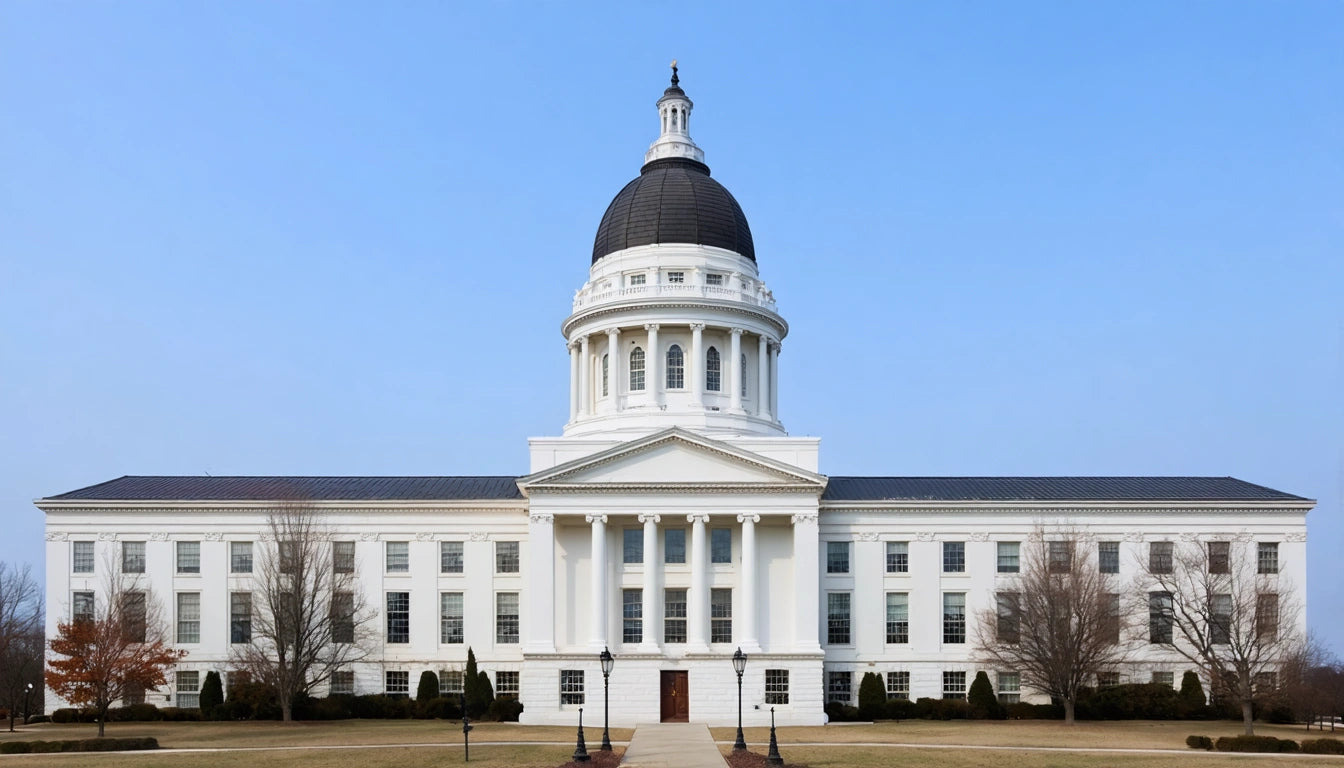 White building with large dome, columns at entrance, symmetrical windows, and trees on either side under a clear blue sky