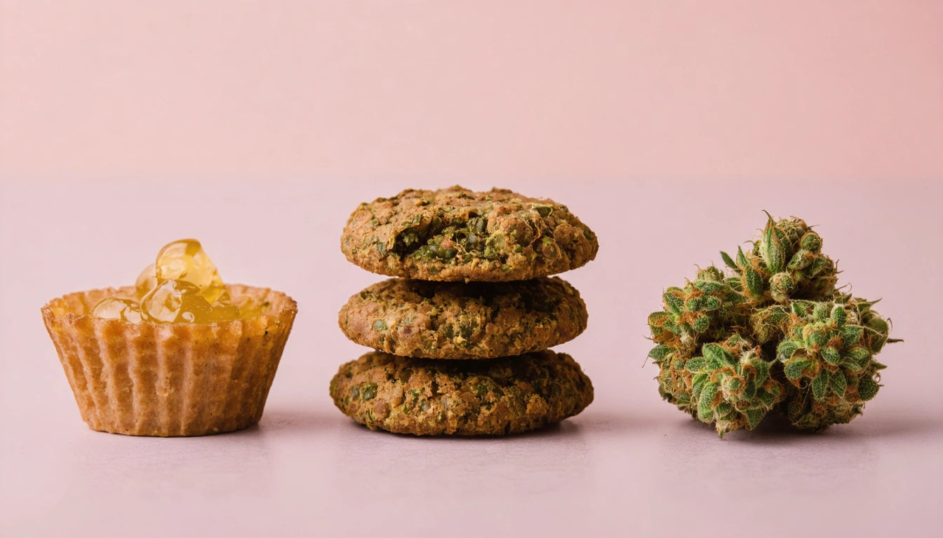 Cupcake with yellow topping, three stacked cookies, and a green, spiky plant on a light surface with a pink background