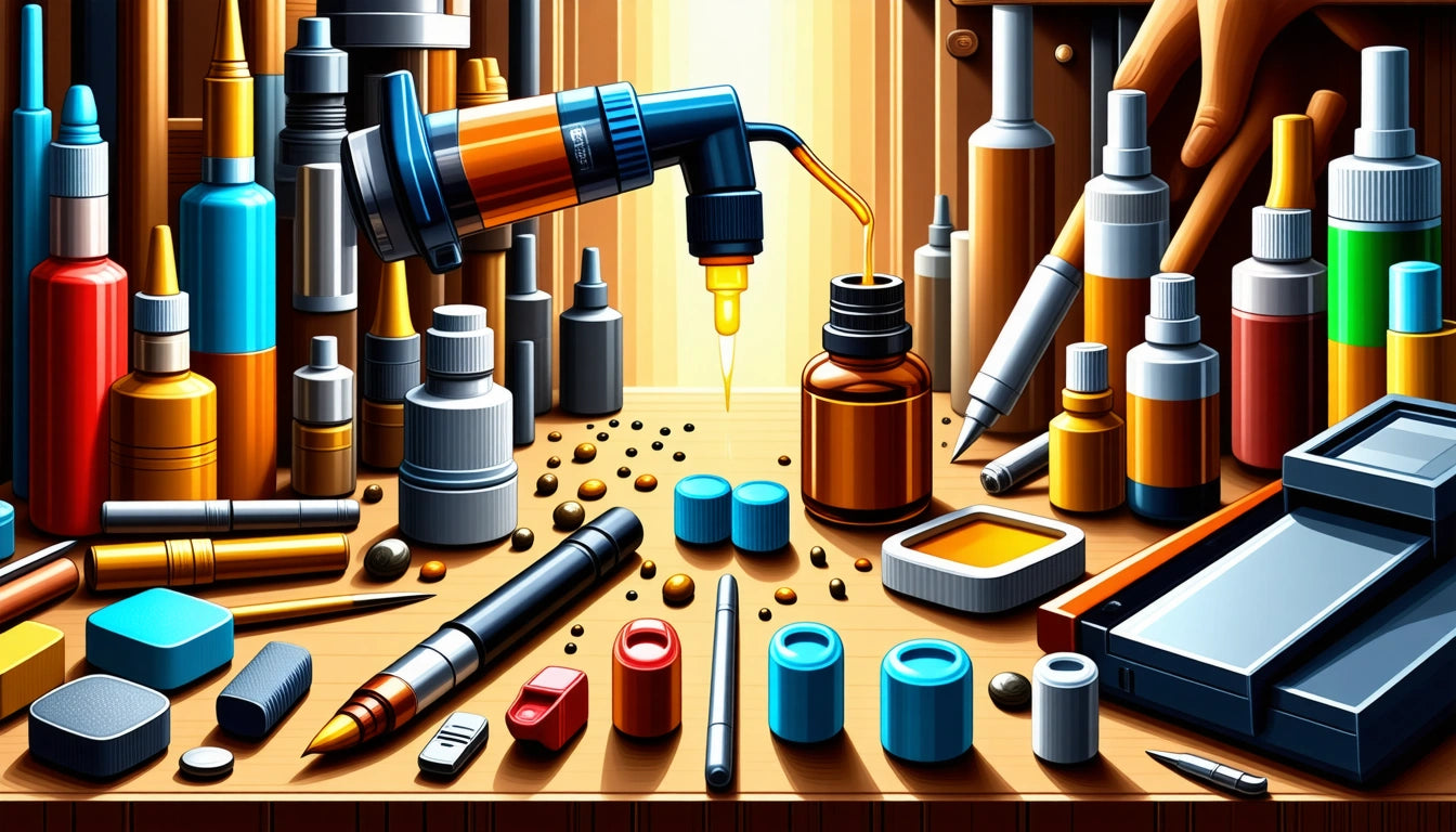 Various bottles, droppers, and containers on a wooden table, surrounded by scattered capsules and pills, with bright lighting