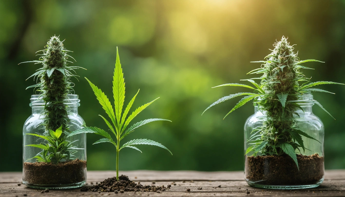 Two glass jars with cannabis plants and a single cannabis leaf in soil on a wooden surface, blurred green background