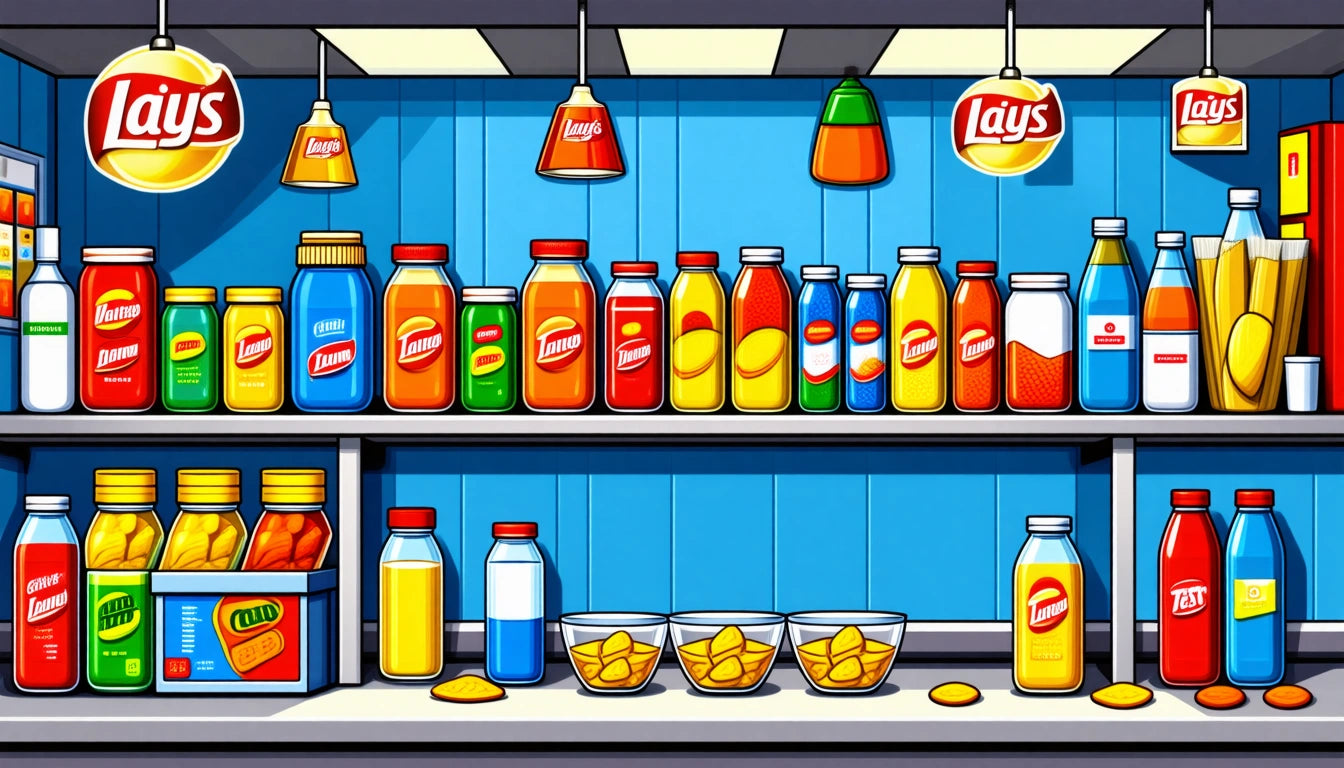 Shelves with various colorful bottles and jars, three bowls of chips, hanging lights, and a bright blue background
