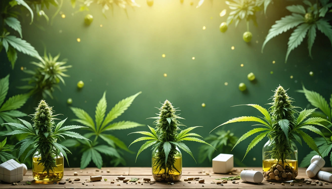 Three cannabis plants in glass jars on a wooden table, surrounded by scattered seeds and small white boxes, with green leaves in the background