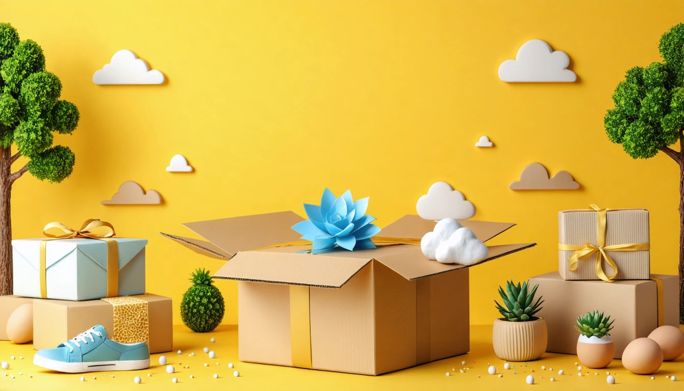 Open cardboard box with blue paper flower, surrounded by gifts, trees, and clouds on a yellow background