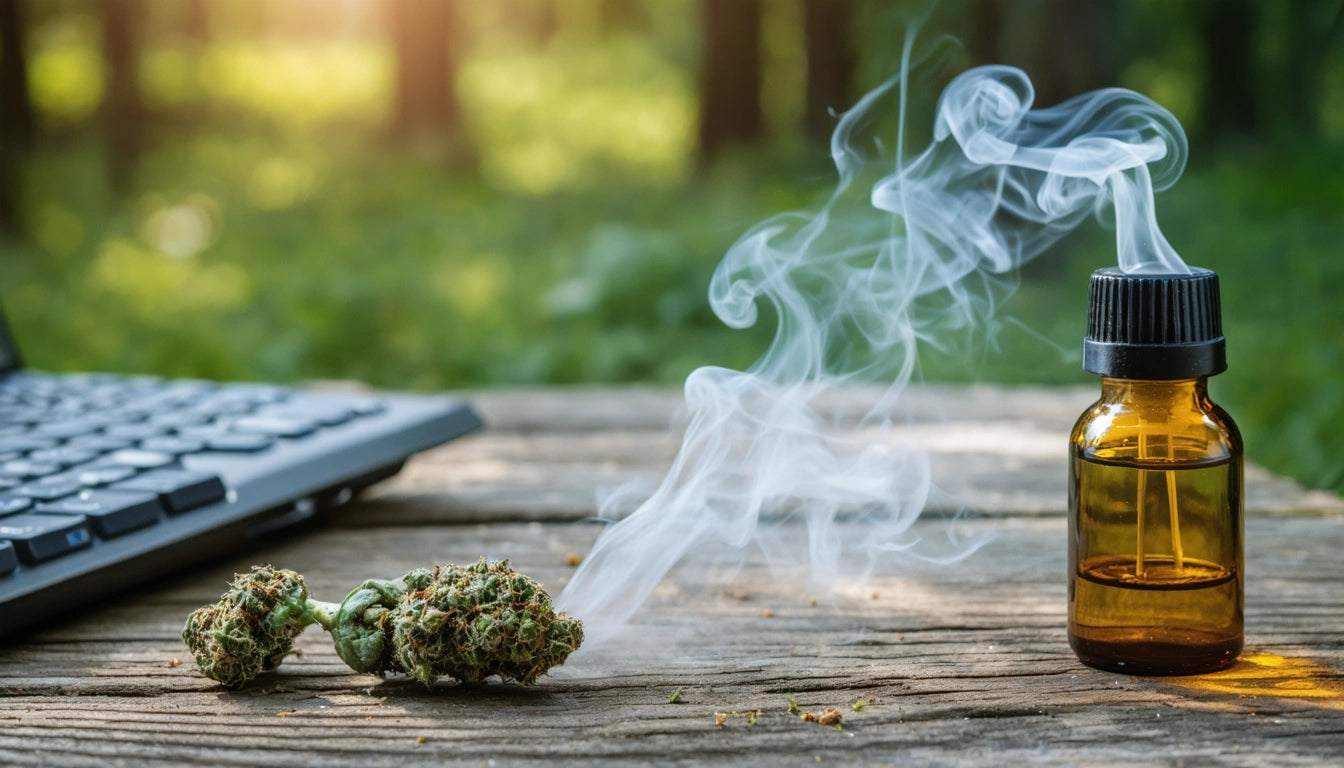 Amber bottle with smoke, laptop keyboard, and green buds on wooden surface, blurred forest background