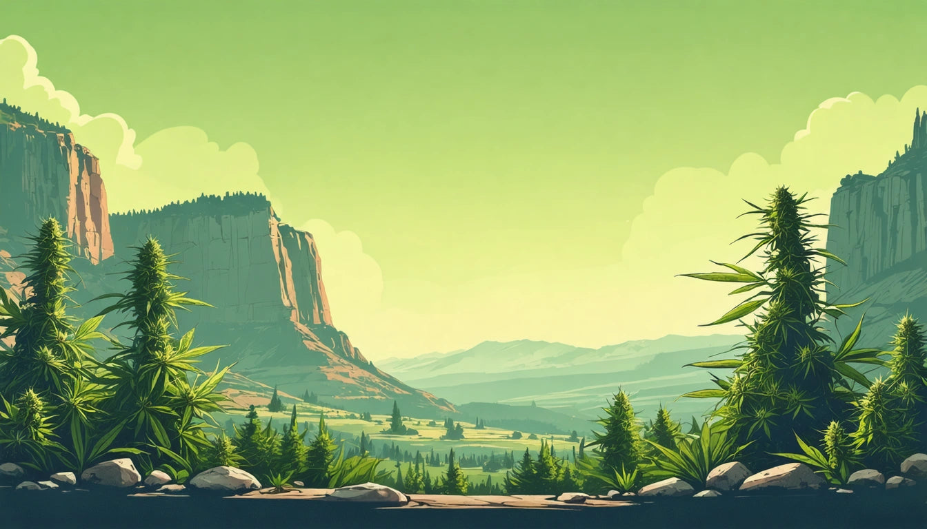 Rocky landscape with tall cliffs, green pine trees, and distant mountains under a clear, light green sky