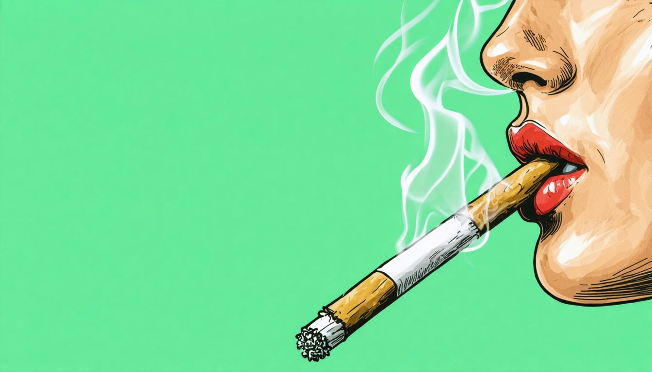 Profile of a face with red lips holding a lit cigarette, smoke curling upward, against a bright green background