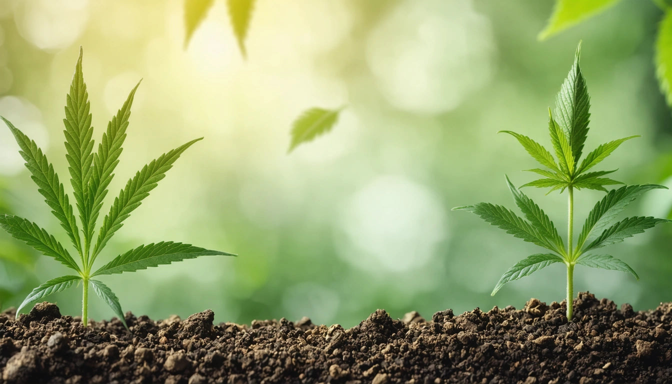 Two green plants with serrated leaves growing from soil, blurred background with soft light and bokeh effect