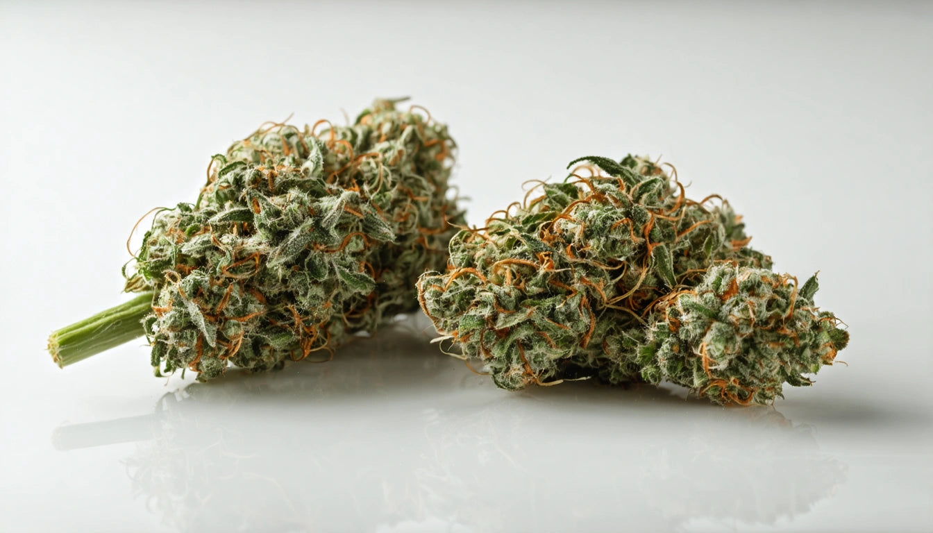 Two green, textured plant buds with orange strands on a reflective white surface