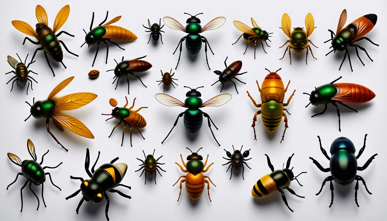 Various colorful beetles and insects with detailed wings and bodies arranged on a white background