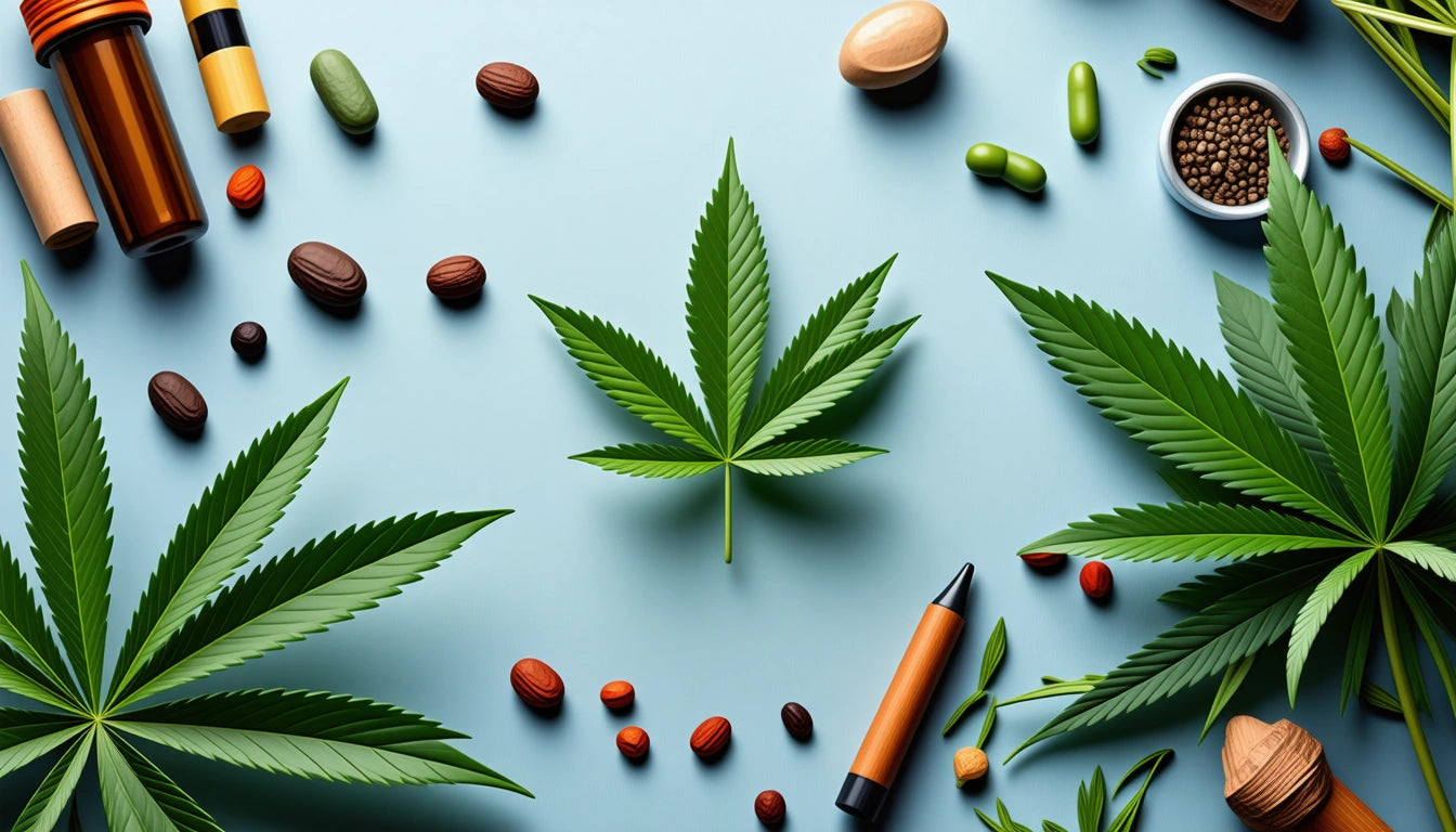 Green cannabis leaves, assorted pills, capsules, and a vape pen scattered on a light blue surface