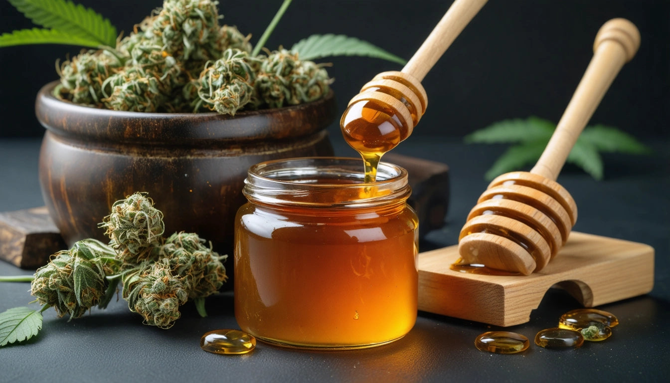 Honey dripping from dipper into jar, surrounded by dried herbs and a wooden bowl on a dark surface