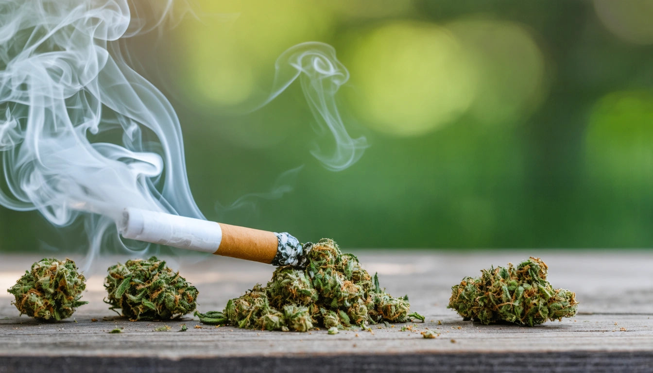 Cigarette burning on a pile of dried green herbs on a wooden surface, with smoke swirling against a blurred green background