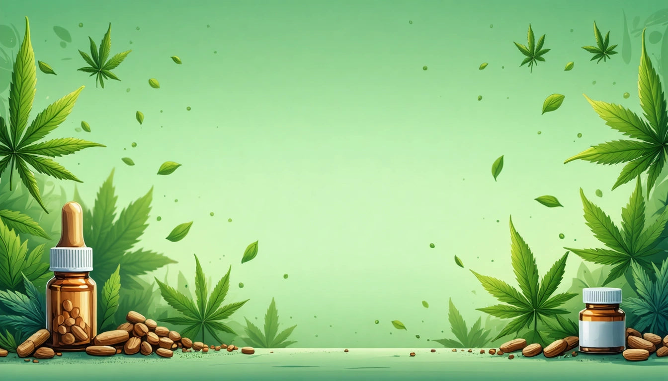 Green background with scattered cannabis leaves, brown dropper bottle with capsules on left, small jar on right, leaves floating