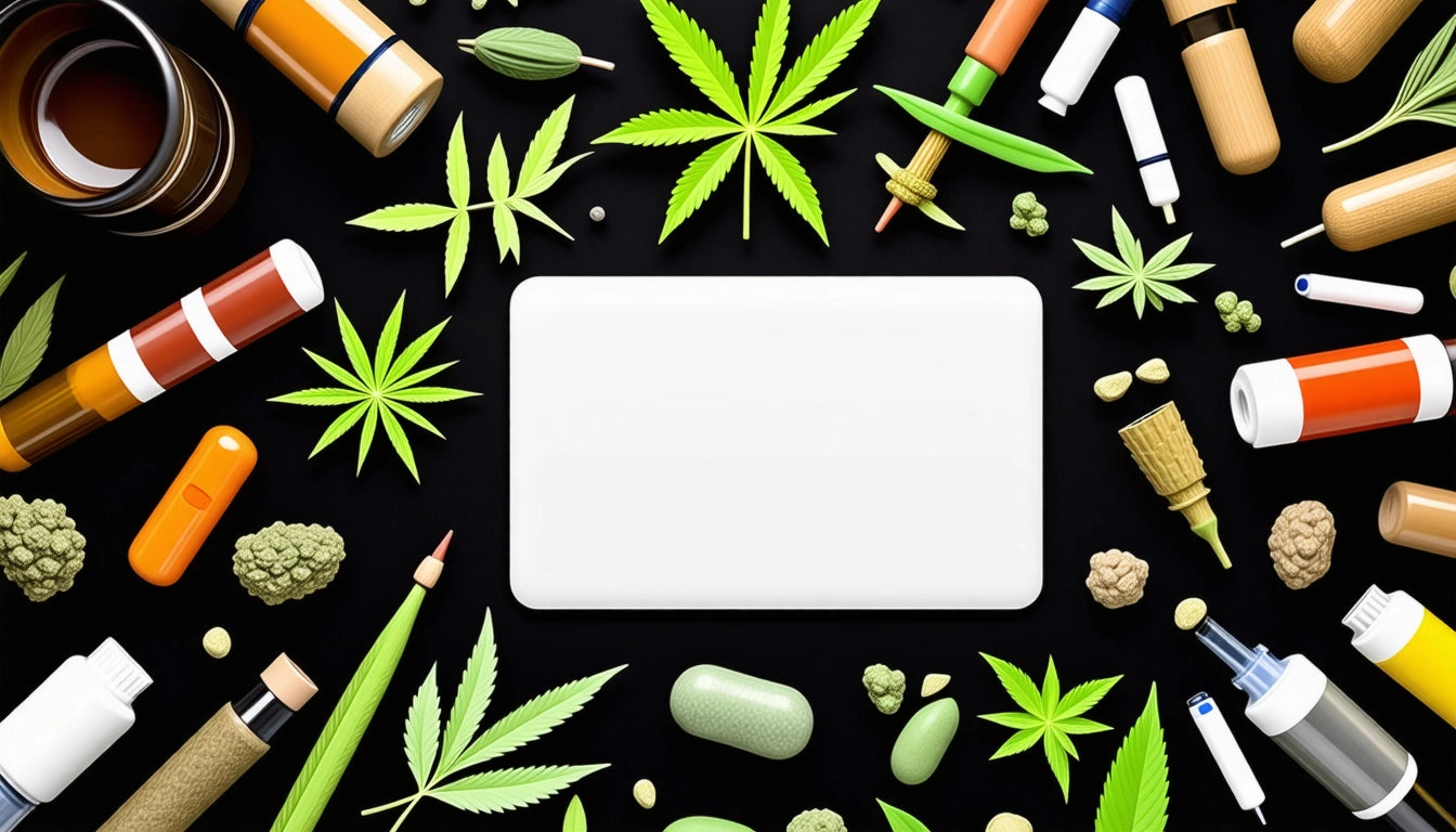 White rectangular object surrounded by cannabis leaves, pills, bottles, and syringes on a black background