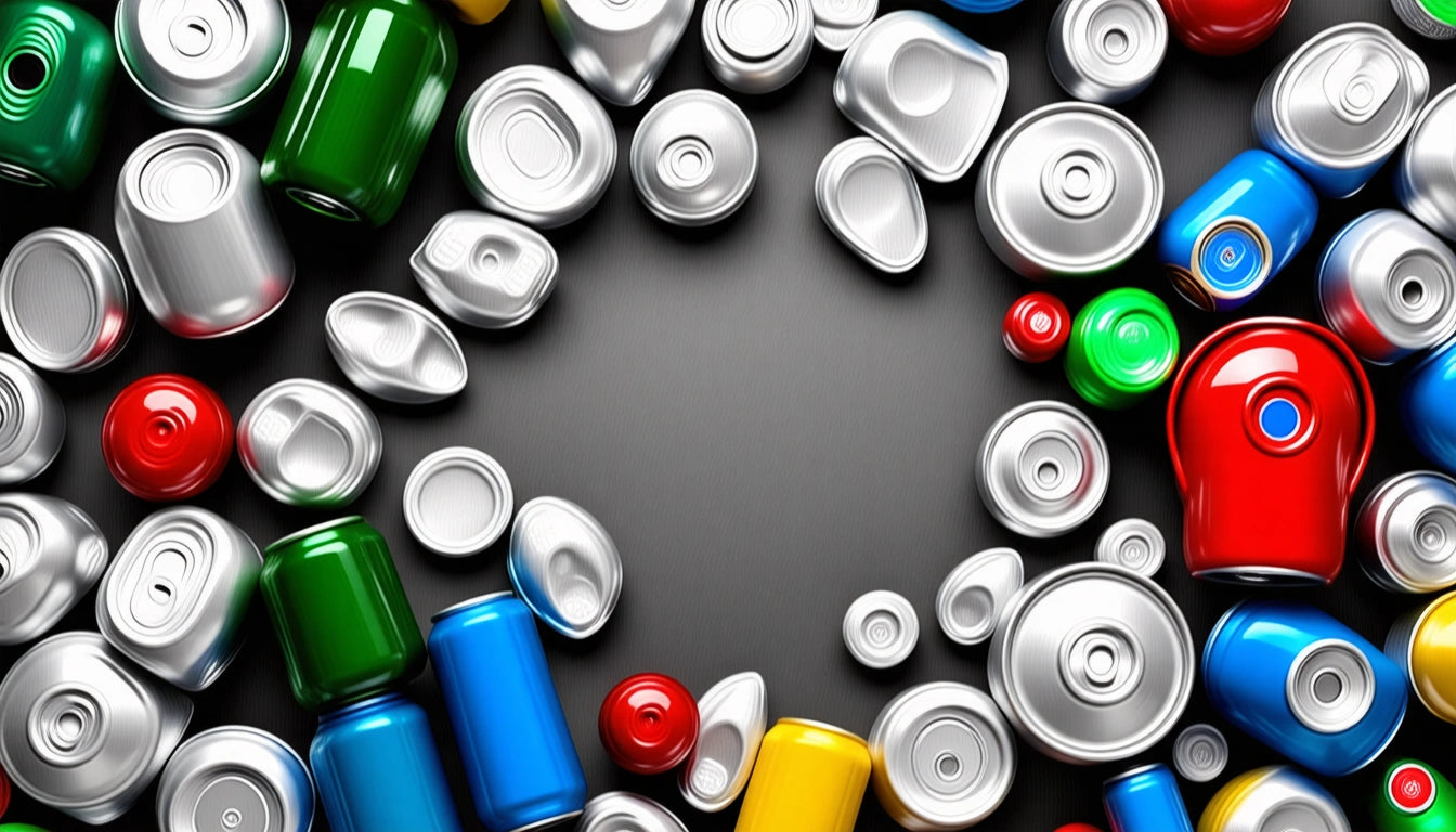 Colorful soda cans and lids scattered in a circle on a dark surface, creating an empty space in the center