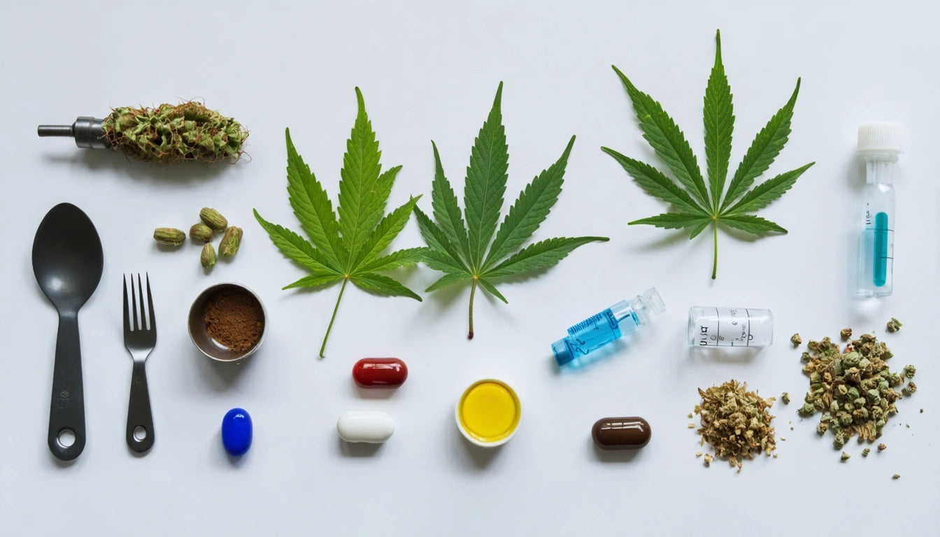Three cannabis leaves, various pills, a syringe, a spoon, a fork, a cannabis bud, and small containers on a white background