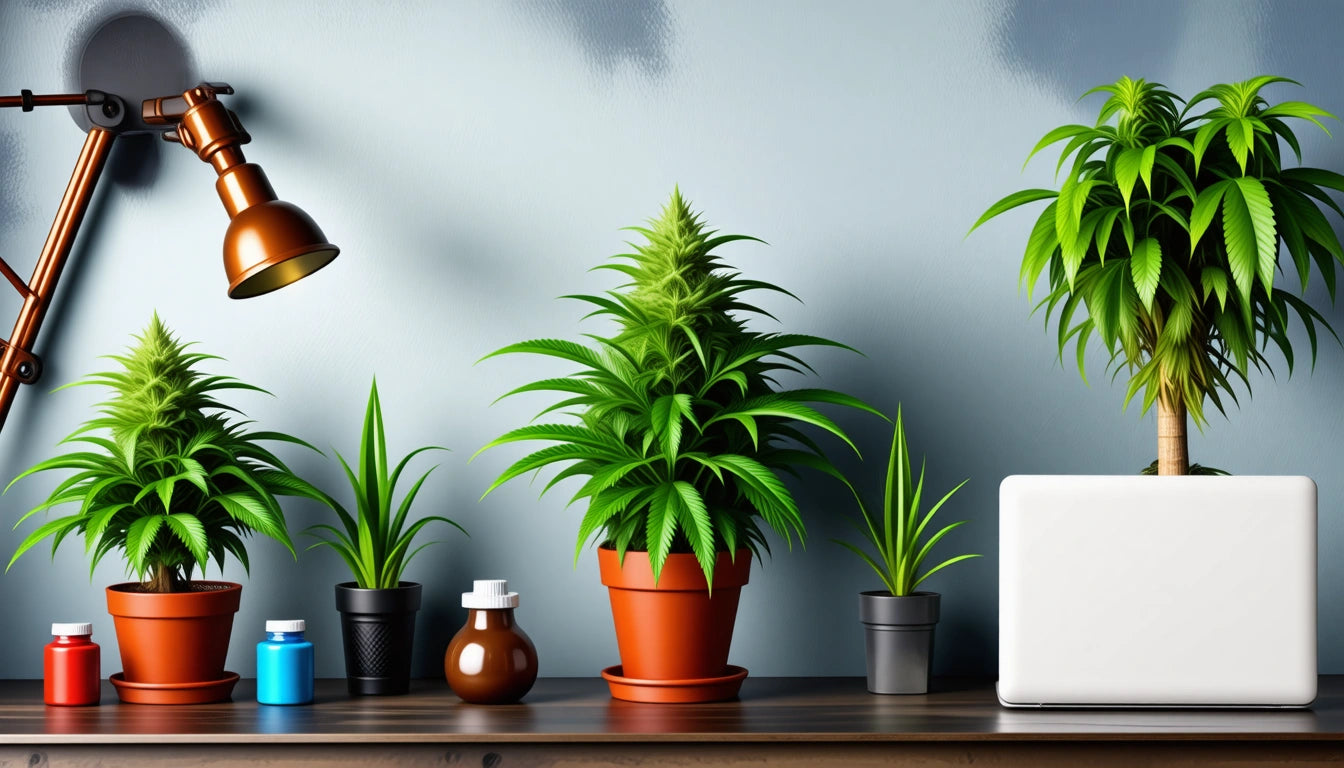 Desk with potted plants, a laptop, a copper desk lamp, and small bottles against a light blue wall