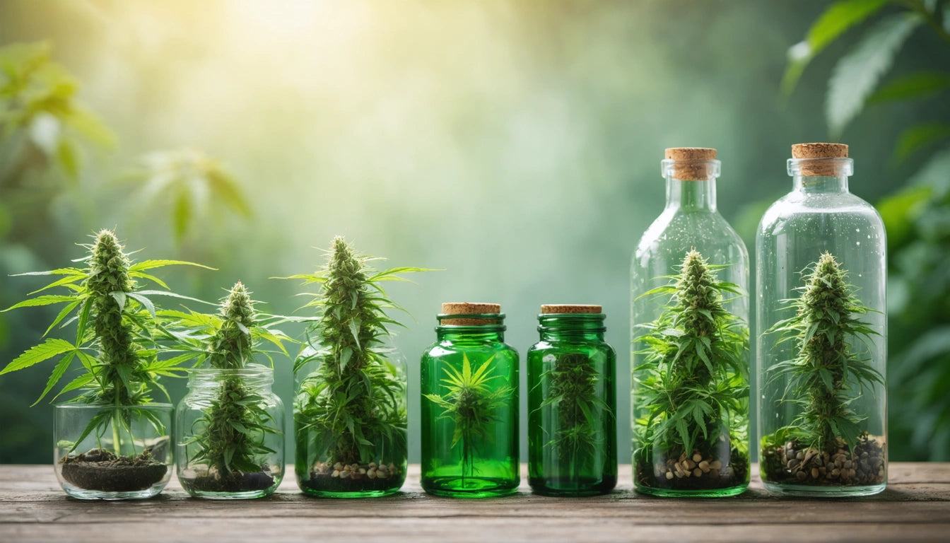 Various green glass jars and bottles with plants inside, arranged on a wooden surface, sunlight filtering through leaves