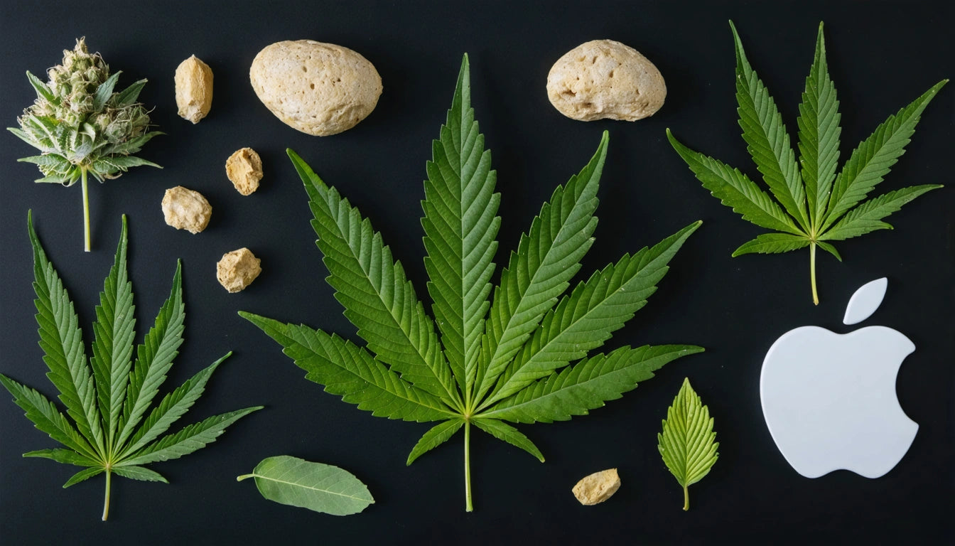 Green cannabis leaves, beige rocks, and small yellowish nuggets on black background with a white apple logo