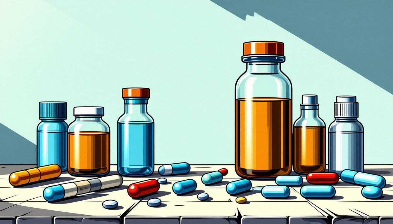 Bottles with orange caps and various colored pills scattered on a tiled surface, against a light blue background with shadows